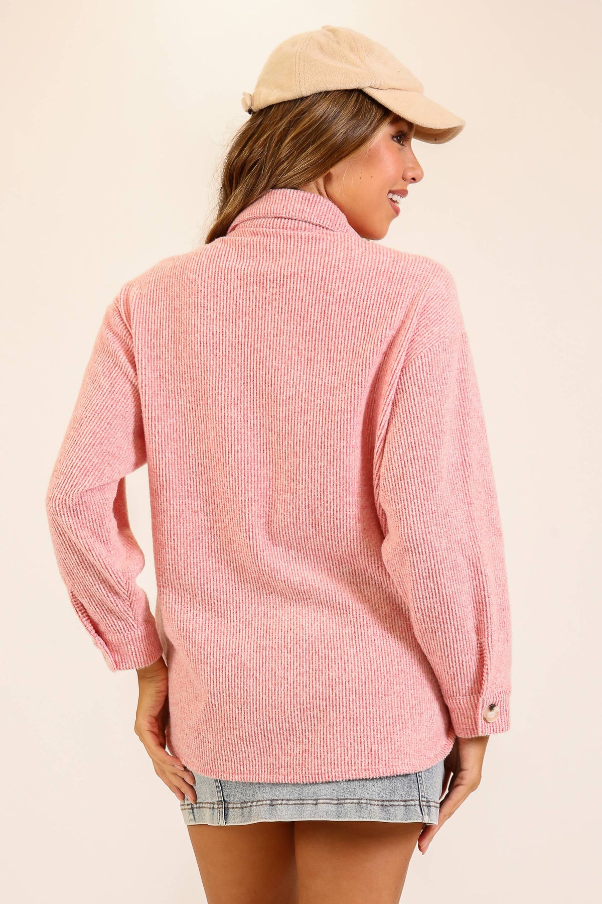 Brushed Waffle Button-Up Shacket: Red