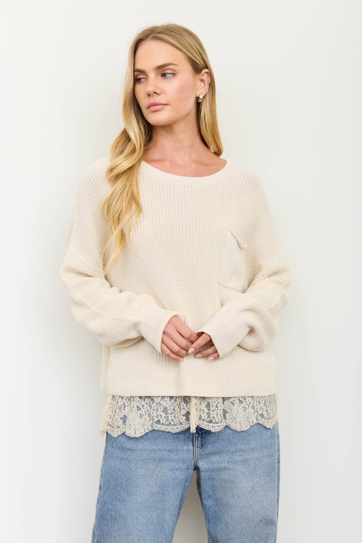 RAW EDGE CROPPED LONG SLEEVE KNIT SWEATER: CREAM
