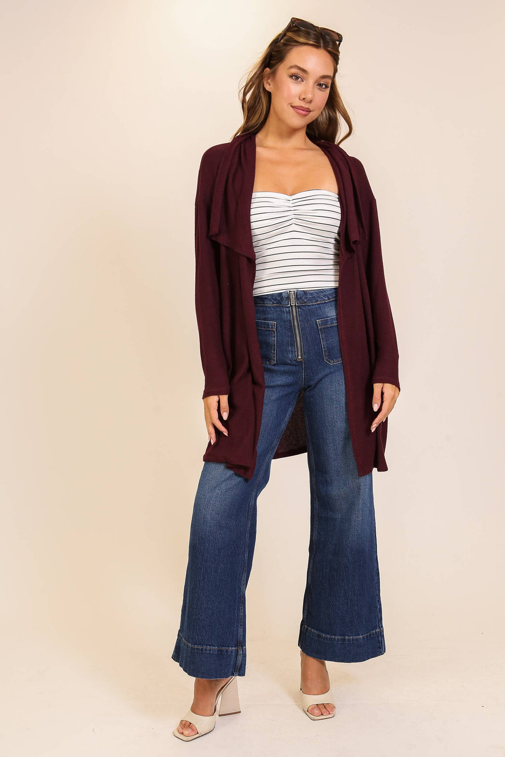 Cozy Open-Front Knit Cardigan: WINE