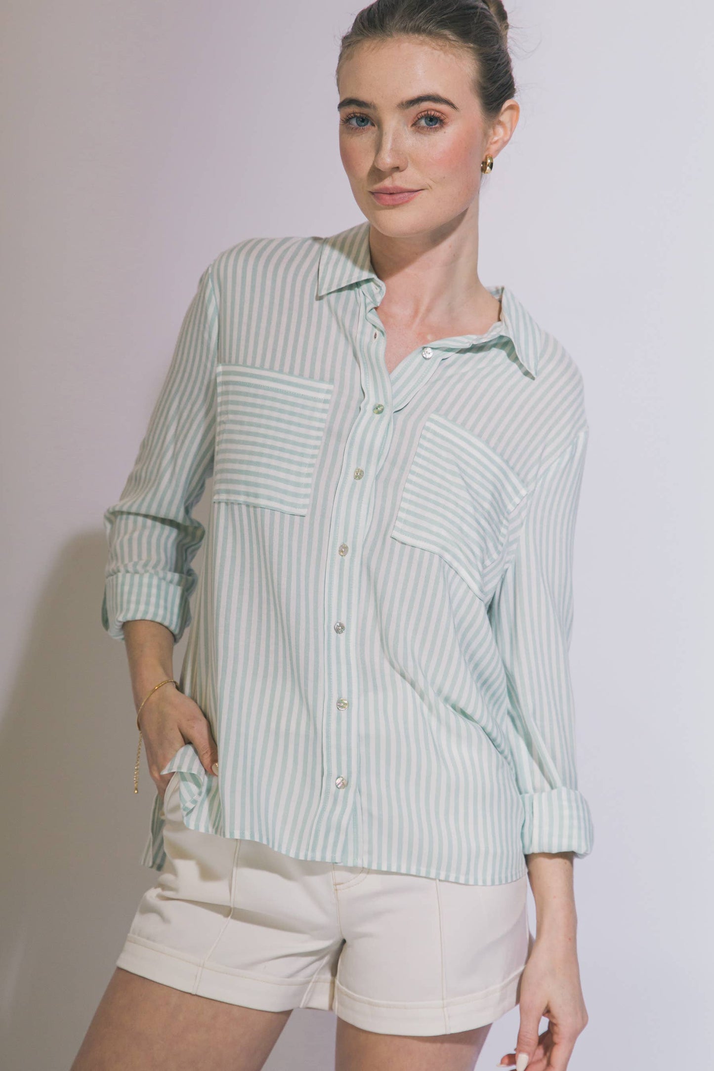 Striped Button Down -MINT JELLY