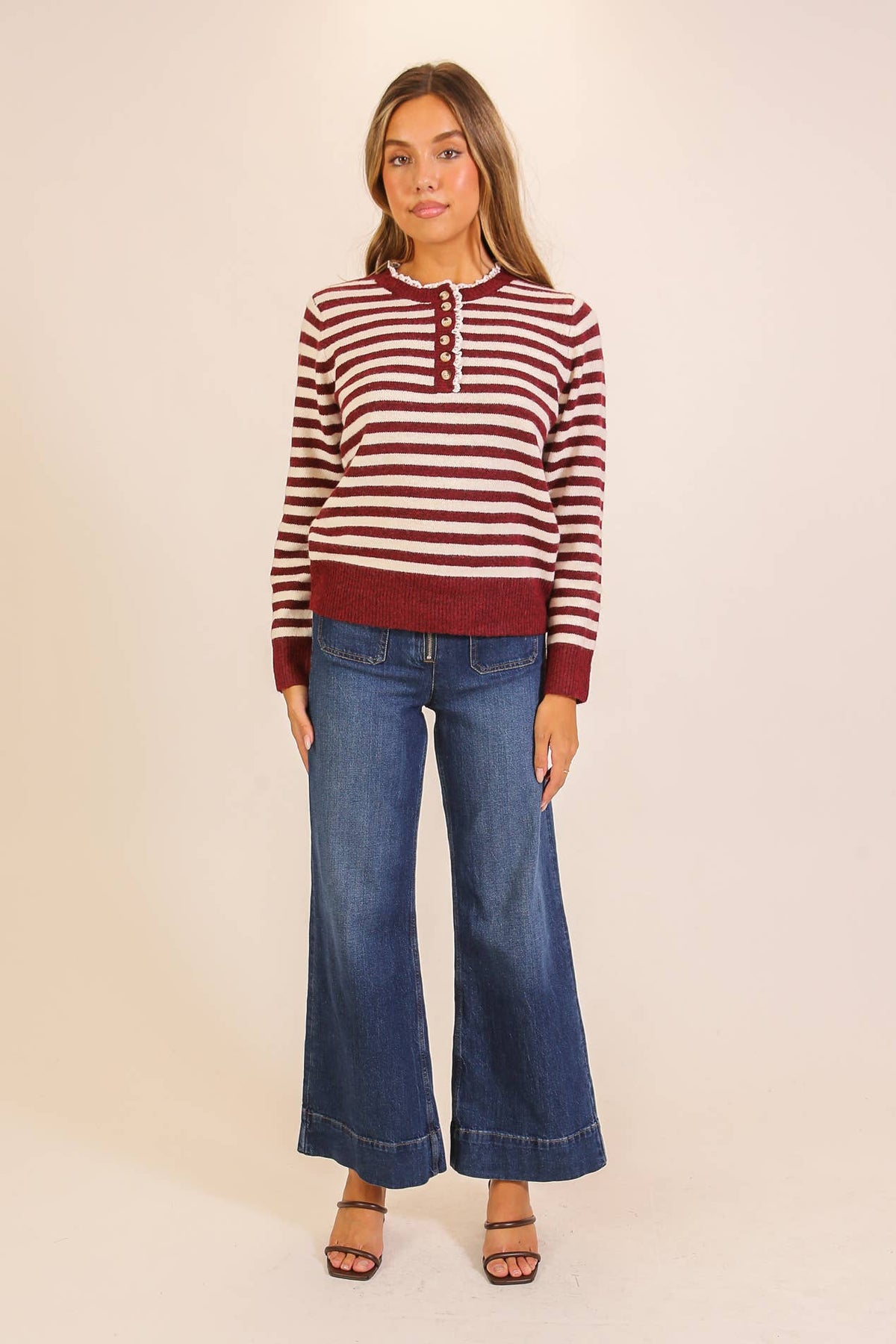 Sweet Stripe Henley Knit Sweater: Burgundy