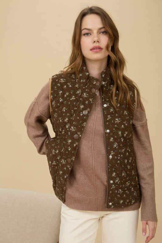 FLORAL QUILTED ZIP-UP PUFFER VEST: BROWN MULTI