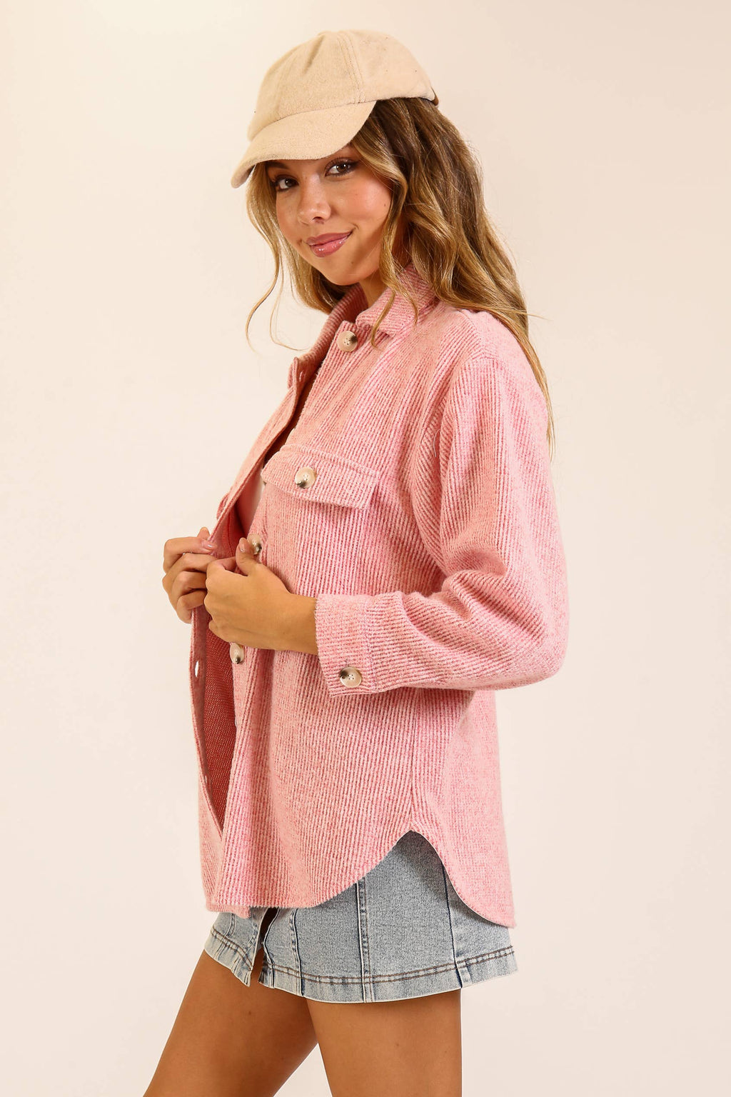 Brushed Waffle Button-Up Shacket: Red