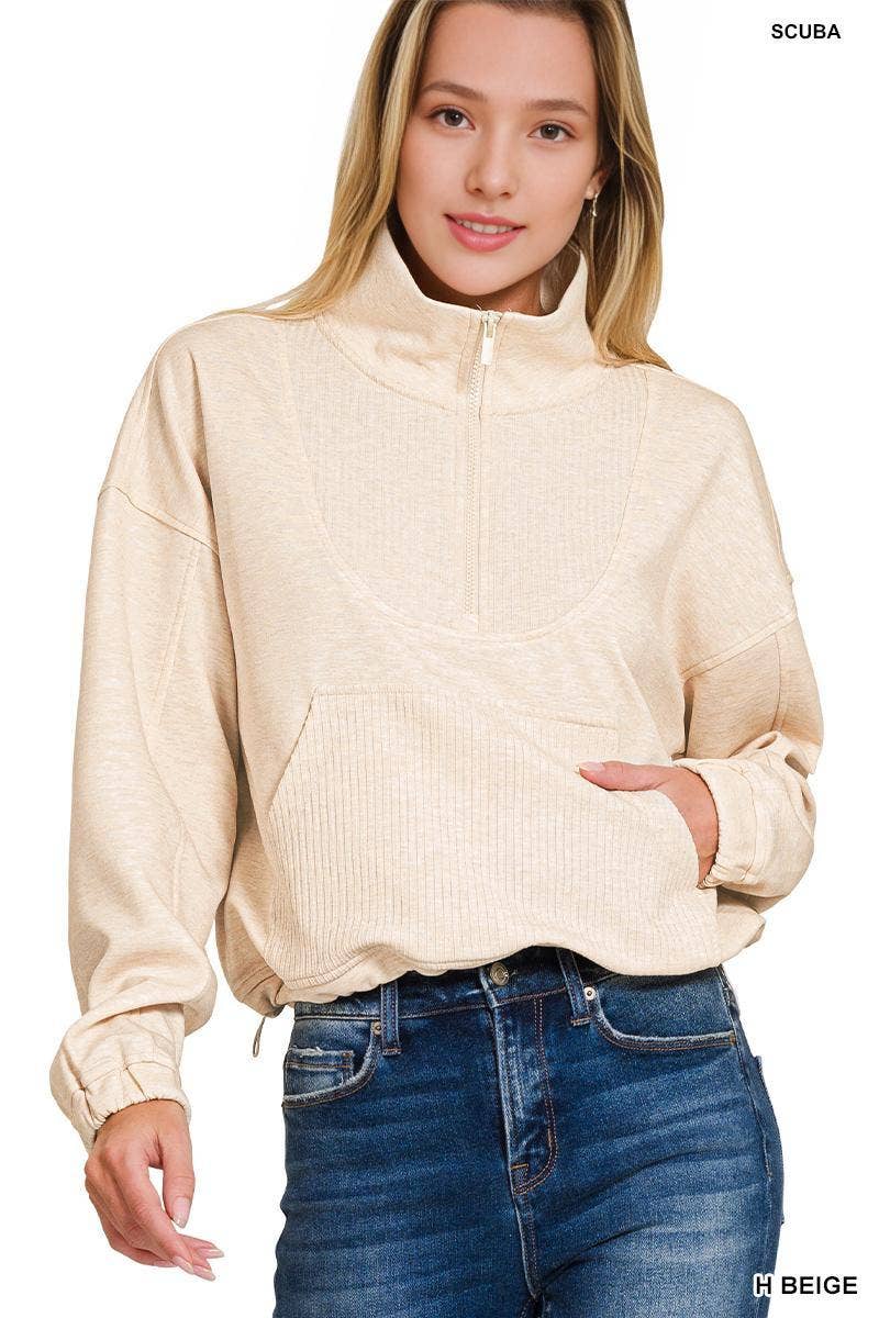 Scuba Half Zip Pullover Sweatshirt - BEIGE