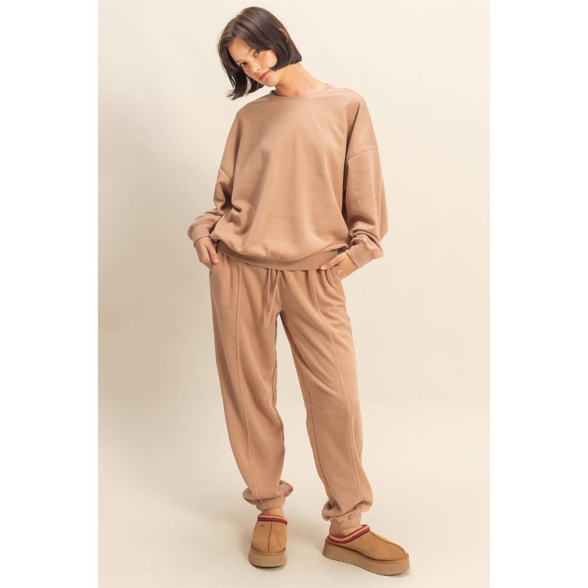 Drawstring Waist Ultra Comfy Sweatpants: DARK TAUPE