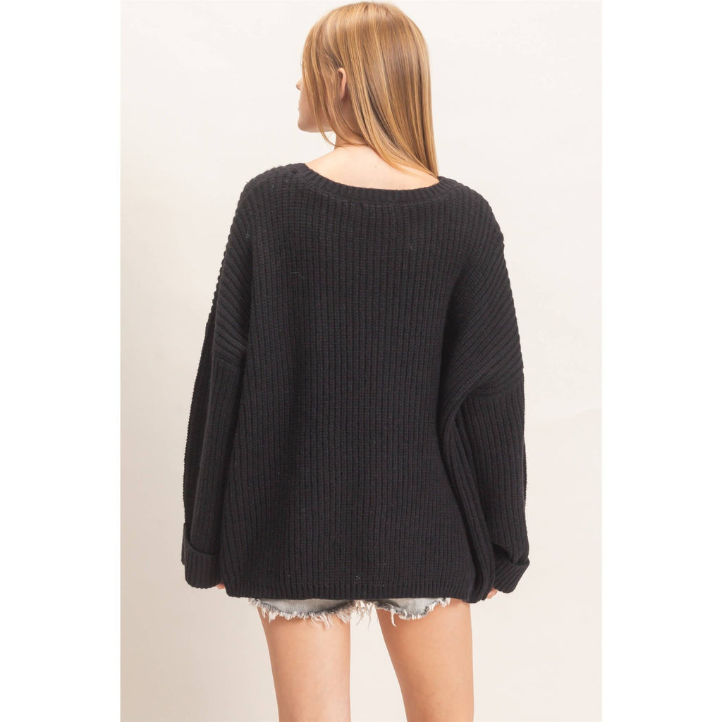 Ribbed Knit Patch Pocket Sweater: BLACK