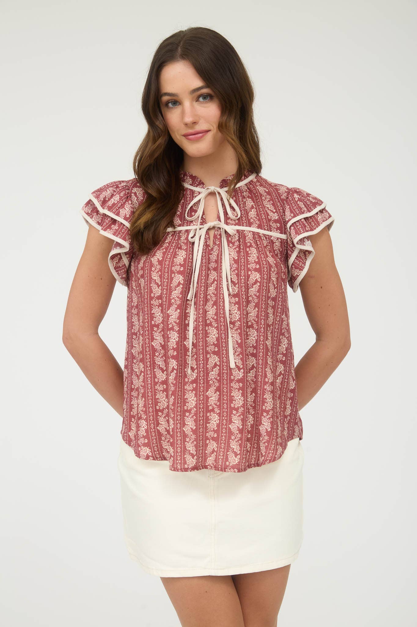 STRIPE FLORAL PATTERN TIE FRONT RUFFLE TOP: BURGUNDY