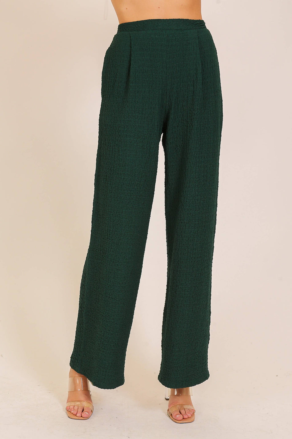 Textured Wide-Leg Elastic Waist Pants: Hunter Green