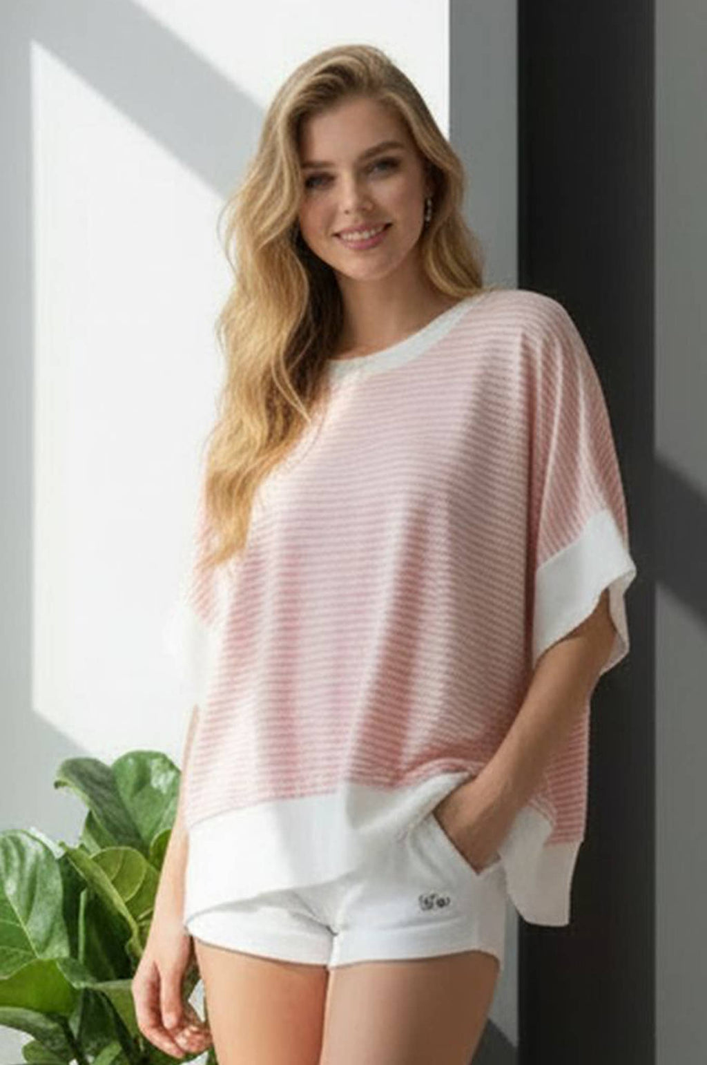 STRIPE HALF SLEEVE TOP: Pink