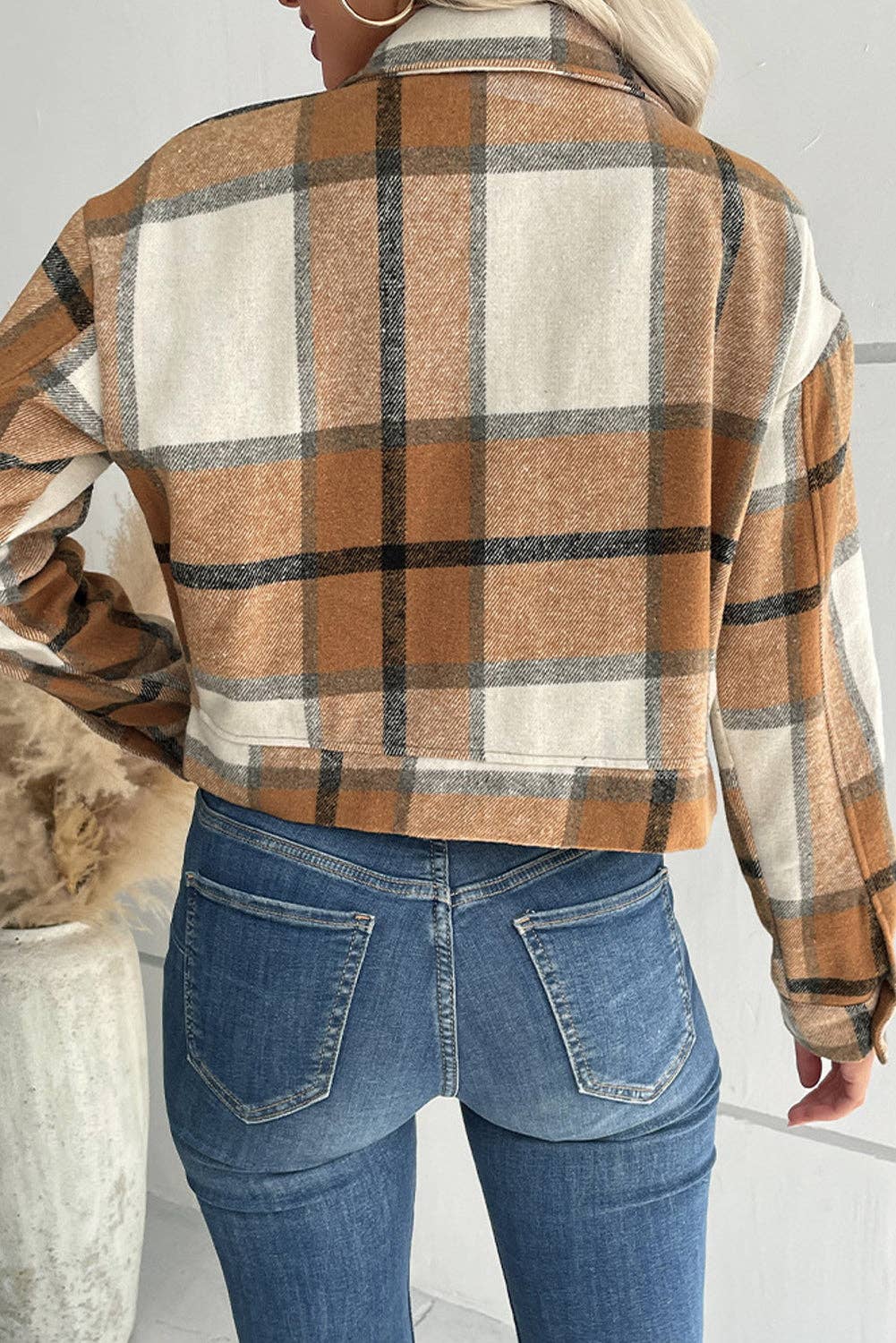 Buttoned Plaid Jacket With Pocket: Khaki