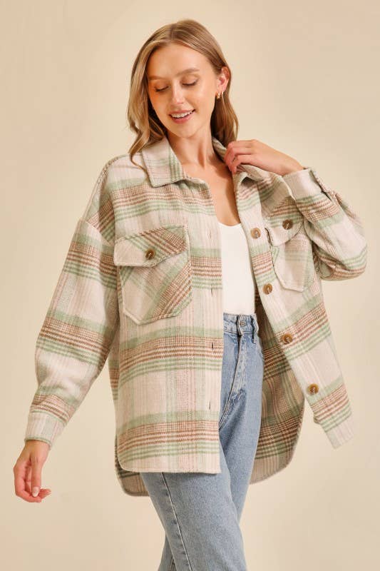 Plaid Shacket: Taupe/Sage