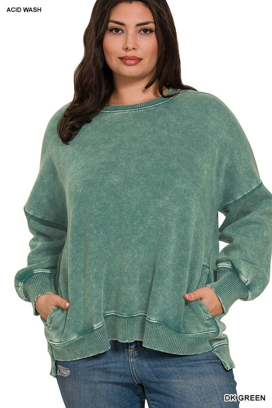 Acid Wash Fleece Hi Low Hem Pullover With Pockets DK GREEN