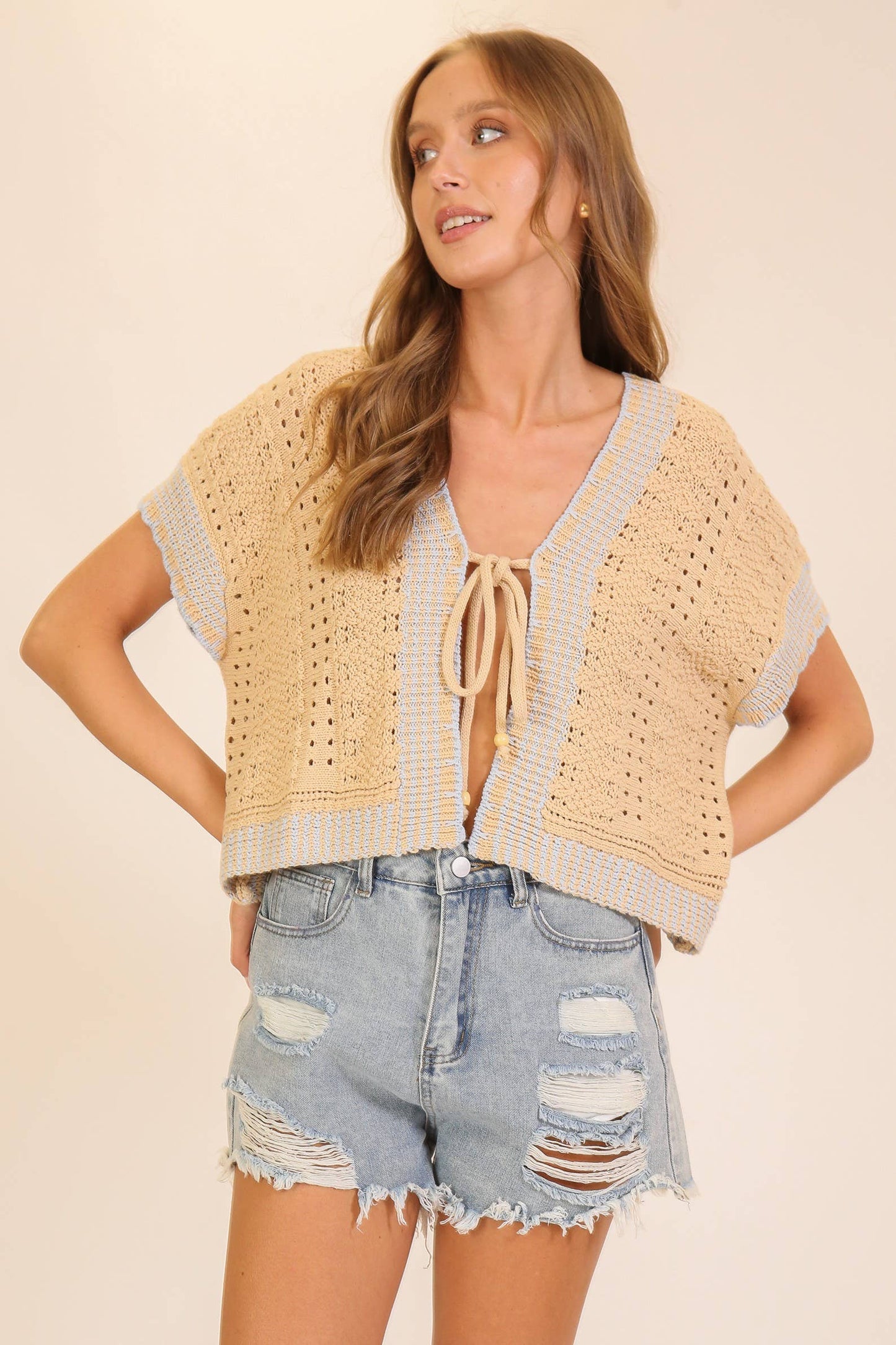Coastal Breeze Tie-Front Knit Top: Taupe