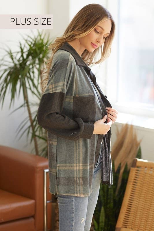 Plaid Colorblock Shacket: TEAL