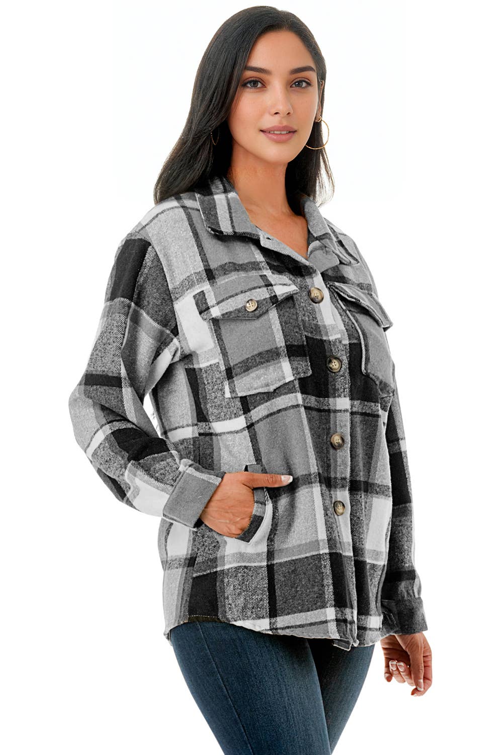 Black plaid oversize shacket flannel jacket shirt w/pockets(