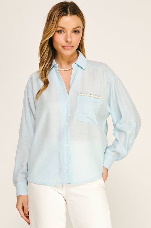 PEARL POCKET RELAXED BUTTON DOWN BLOUSE