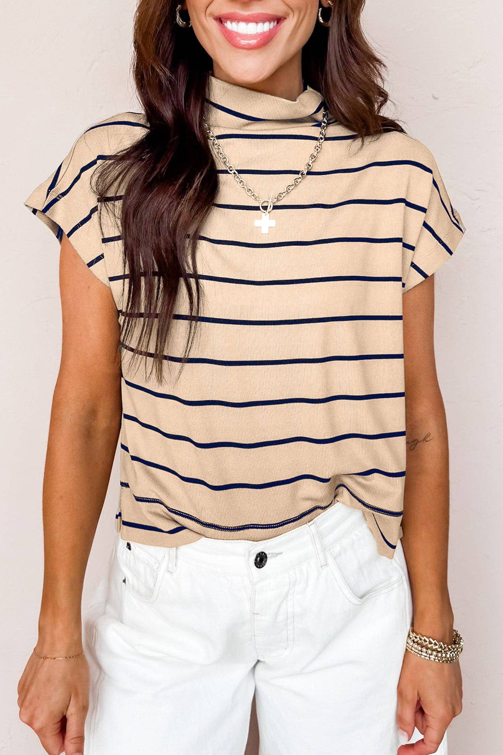 Stripe Mock Neck Short Sleeve Top