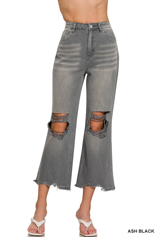 Acid Washed Distressed Cropped Pants