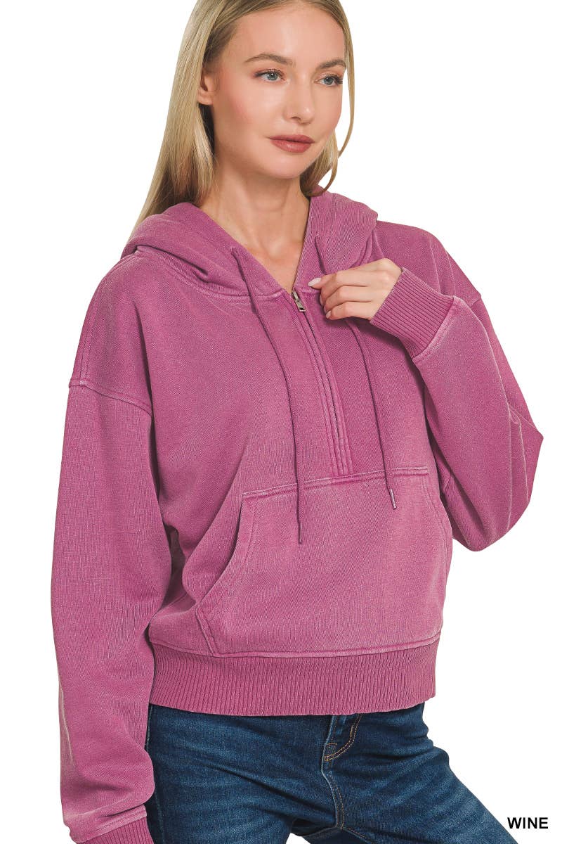 Pigment Dyed Half Zip Kangaroo Pocket Hoodie