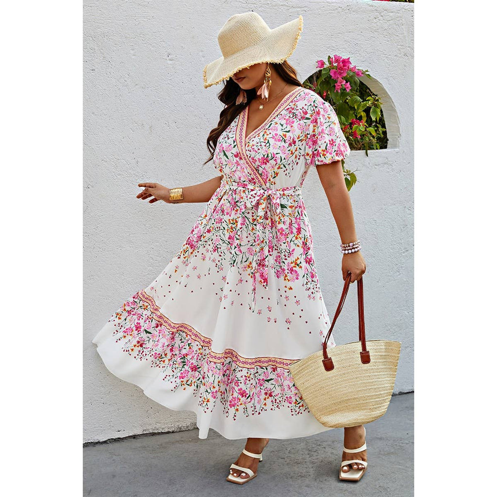 Floral Print Wrap Ruffle Belt Knot Dress: WHITE