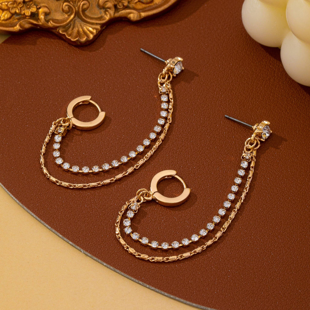 Rhinestone & Gold Double Chain Drapes Drop Earrings: GOLD