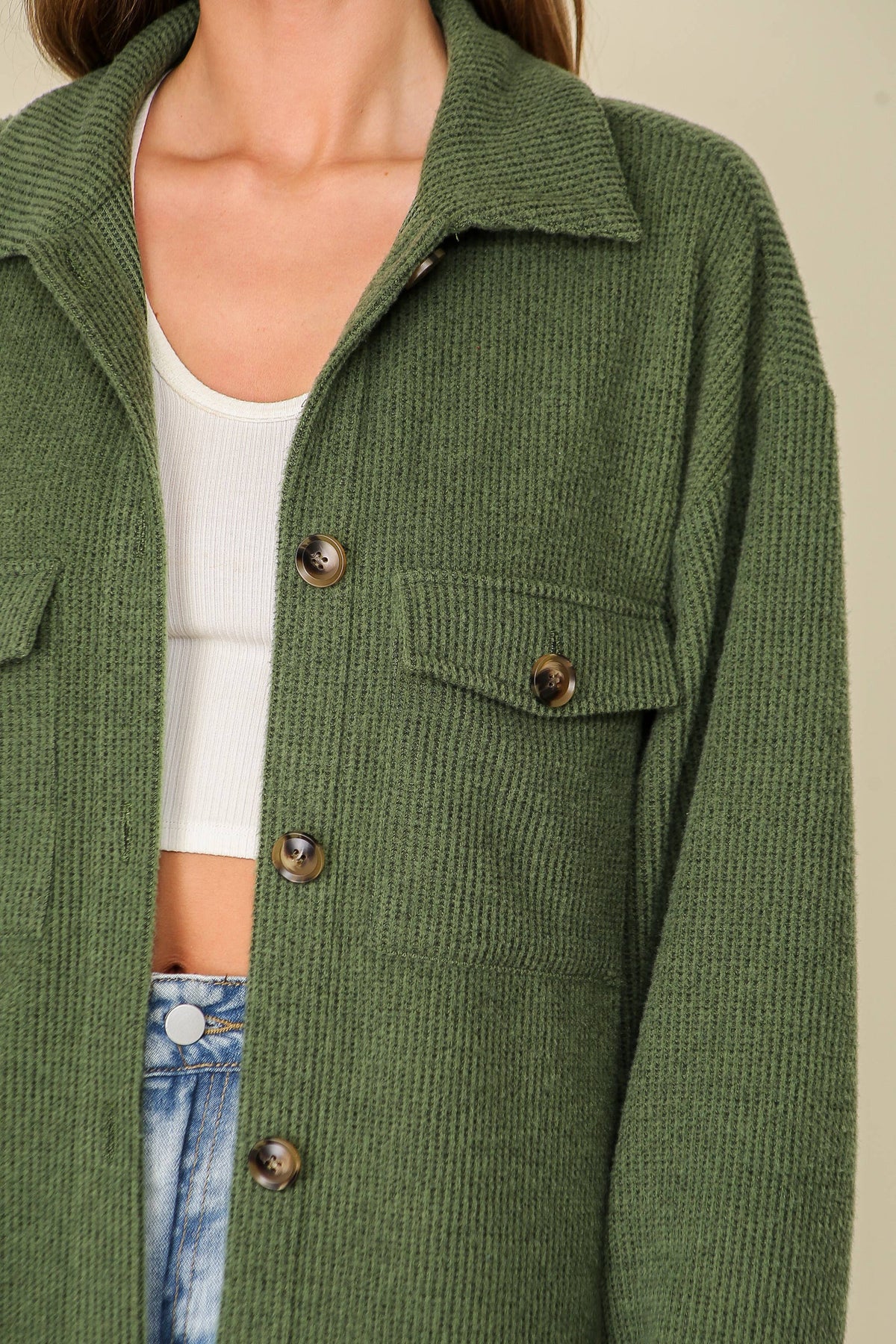 Brushed Waffle Button-Up Shacket: FOREST GREEN