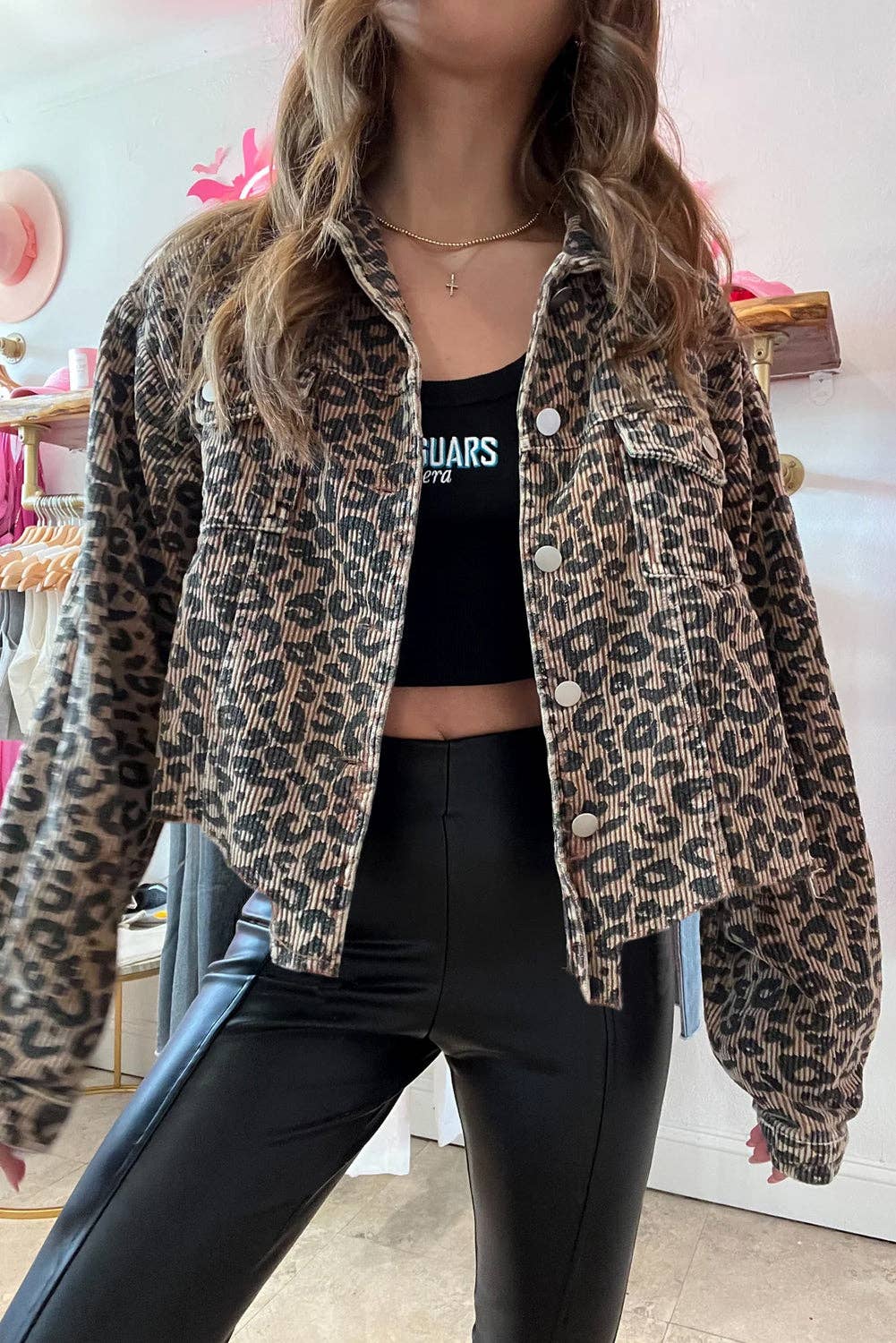 Leopard Corduroy Irregular Hem Jacket: Dark Khaki