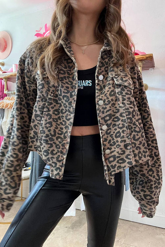 Leopard Corduroy Irregular Hem Jacket: Dark Khaki