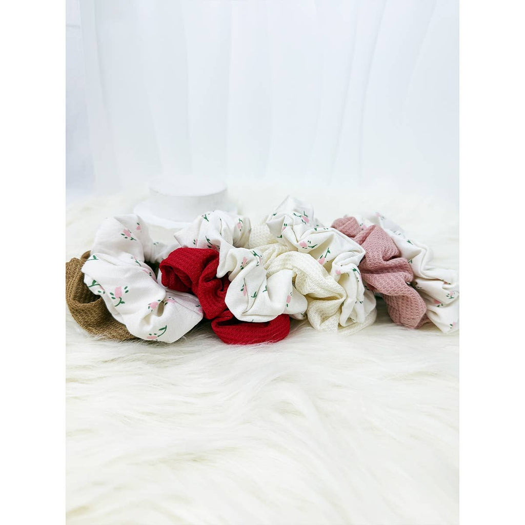 Waffle and Floral Pattern Combo Soft Scrunchies