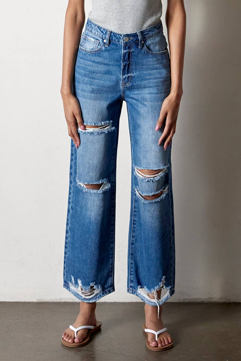 High Rise Destructed Straight Jeans: AGED DARK