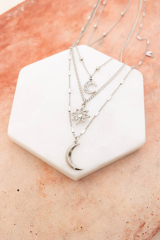 🌙⭐ Celestial Layered Necklace - Moon and Star Charms 🌜✨: Silver