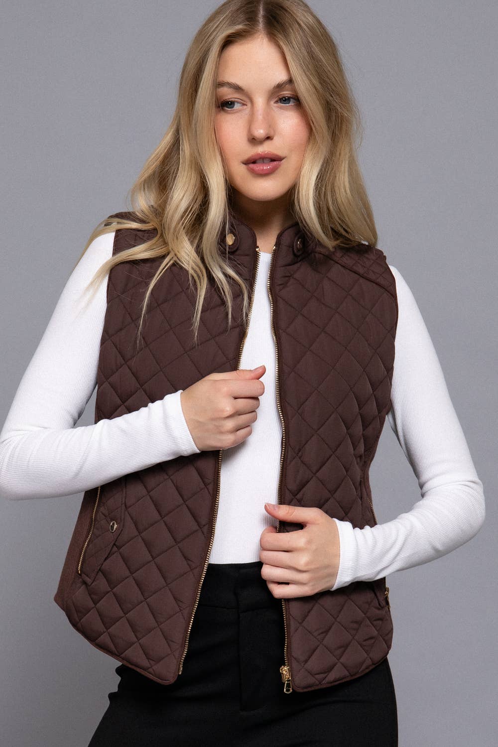 Suede Piping Quilted Padding Vest: Chocolate