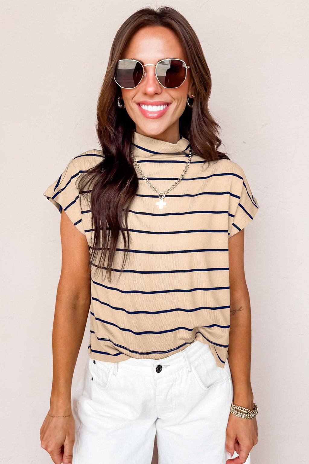 Stripe Mock Neck Short Sleeve Top
