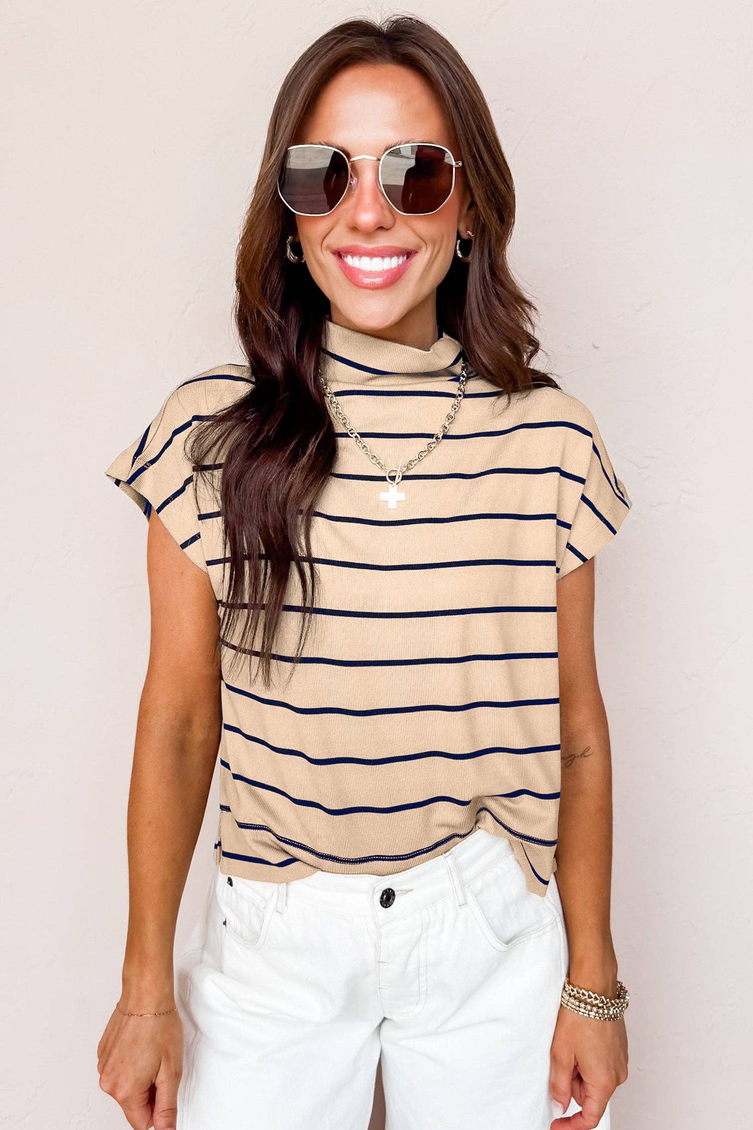 Stripe Mock Neck Short Sleeve Top
