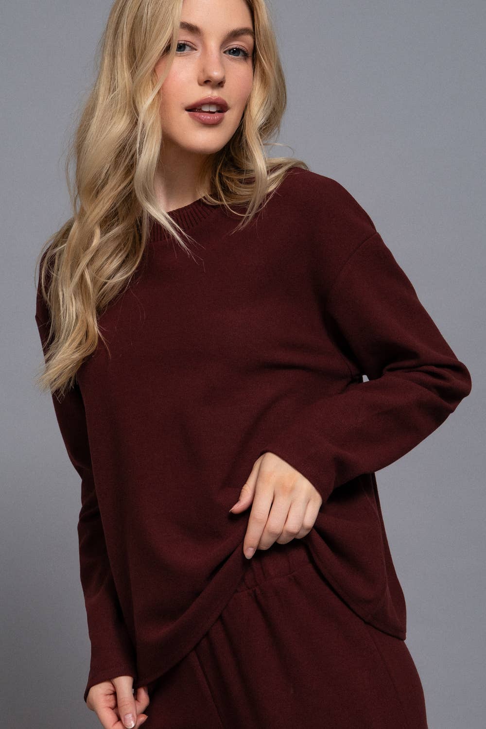 Long Sleeve Soft Knit Top: Maroon