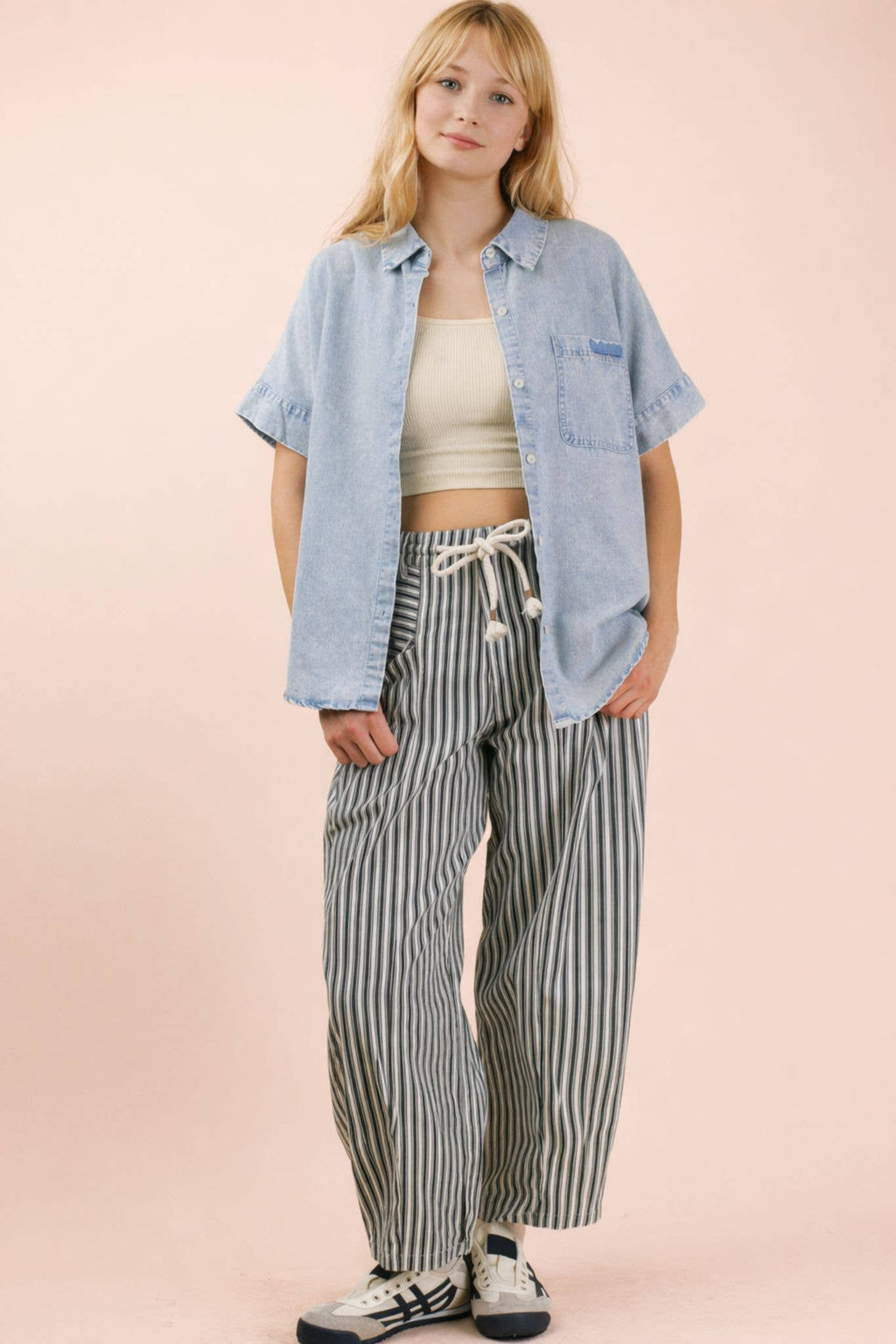 Mineral Washed Chambray Oversized Shirt Top: LT INDIGO