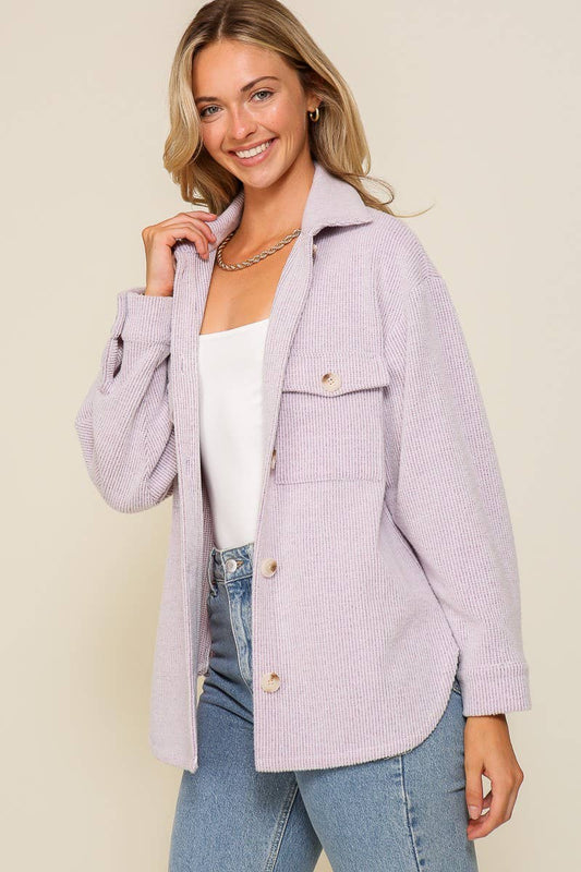 Brushed waffle knit shacket: Lavendar