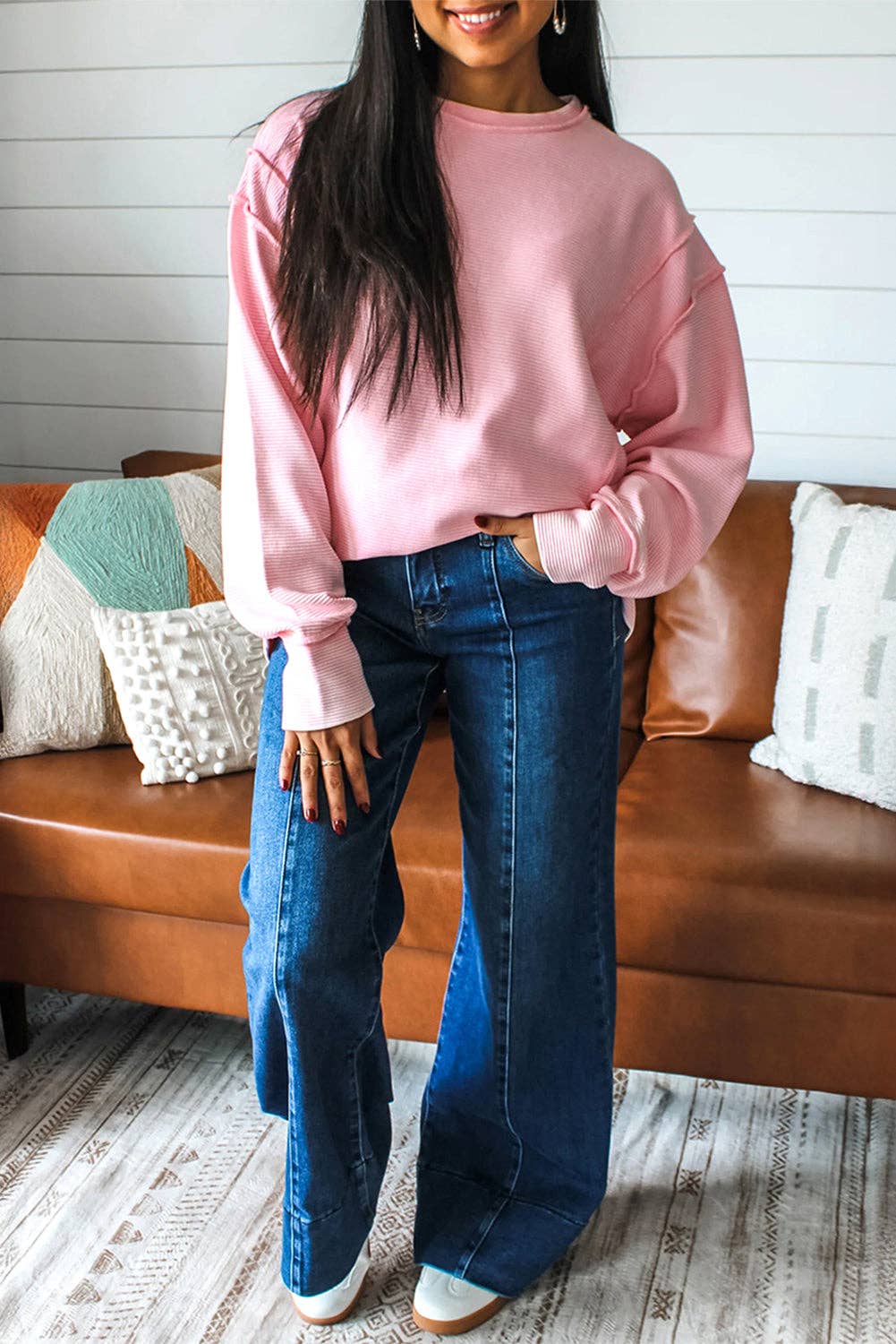 Pink Ribbed Exposed Seam Top