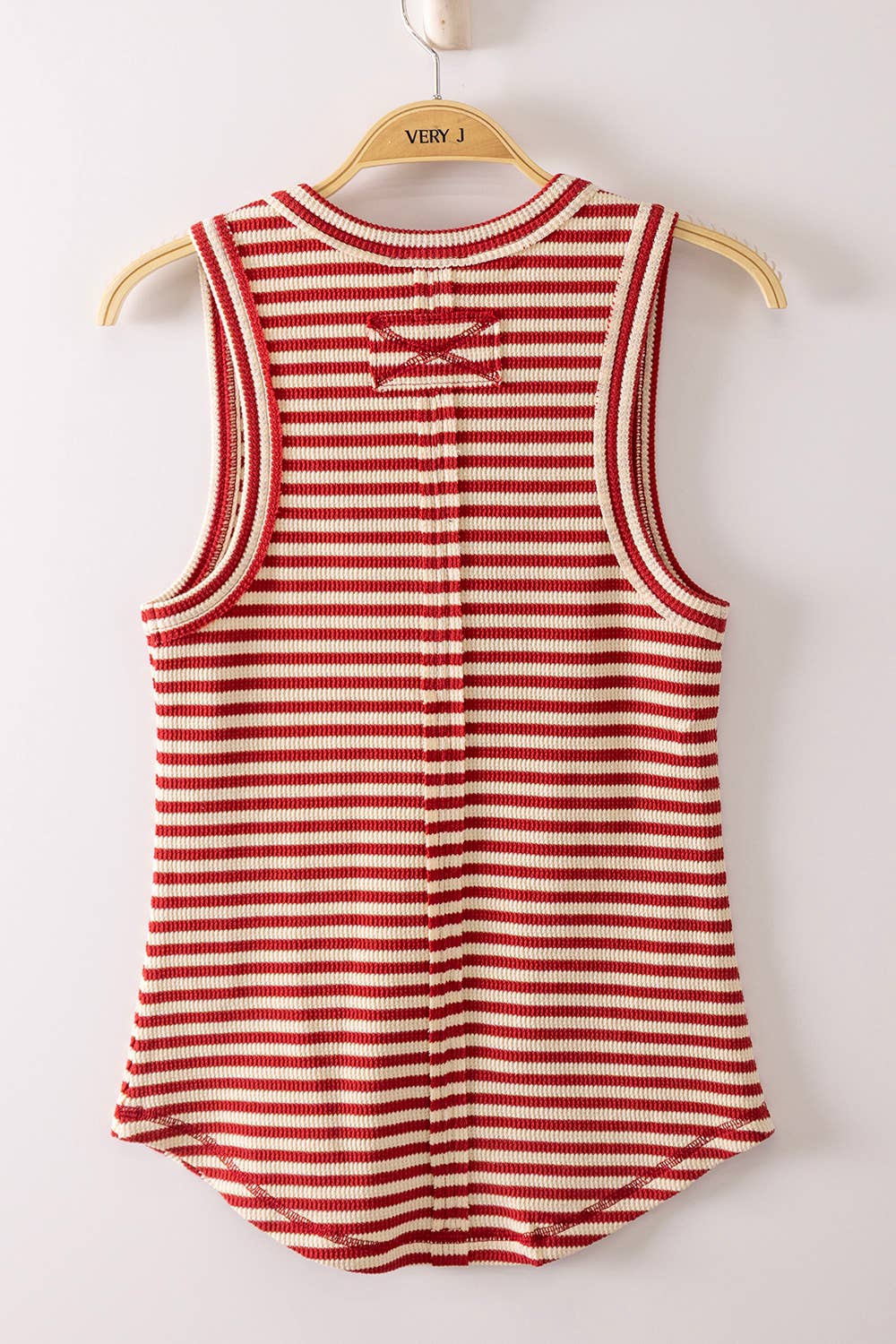 Striped Button Down Fitted Knit Tank Top:Red