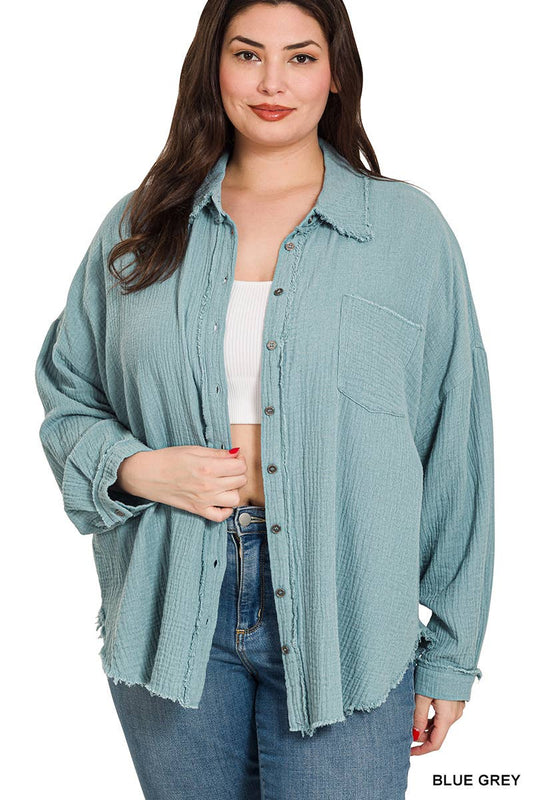 Oversized Raw Edge Shirt: BLUE GREY