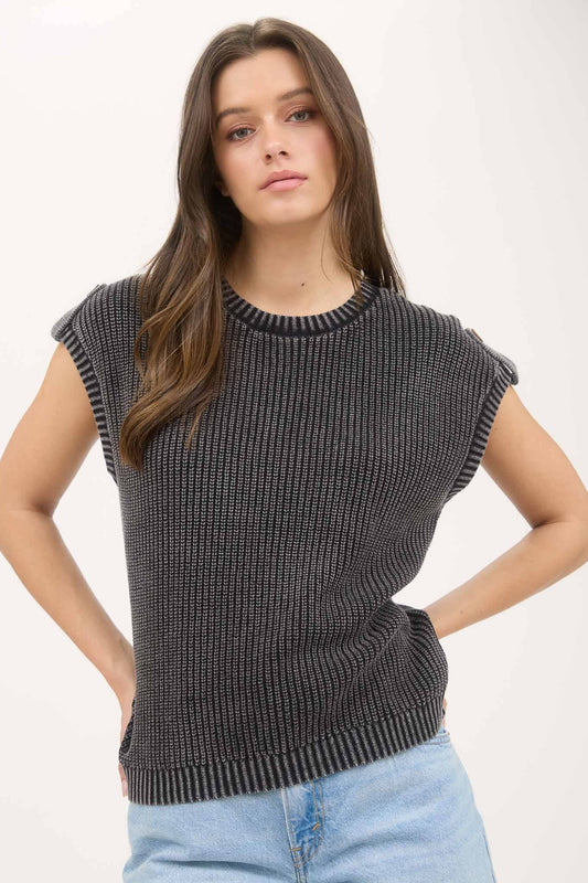 KNIT TAB SLEEVE PULLOVER SWEATER: CHARCOAL