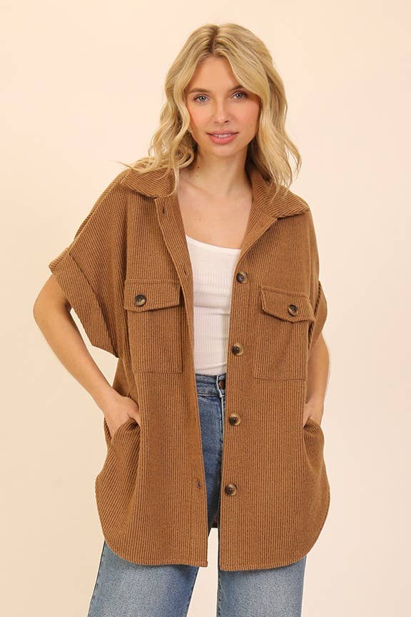 Brushed Waffle Button Down Jacket: Mocha