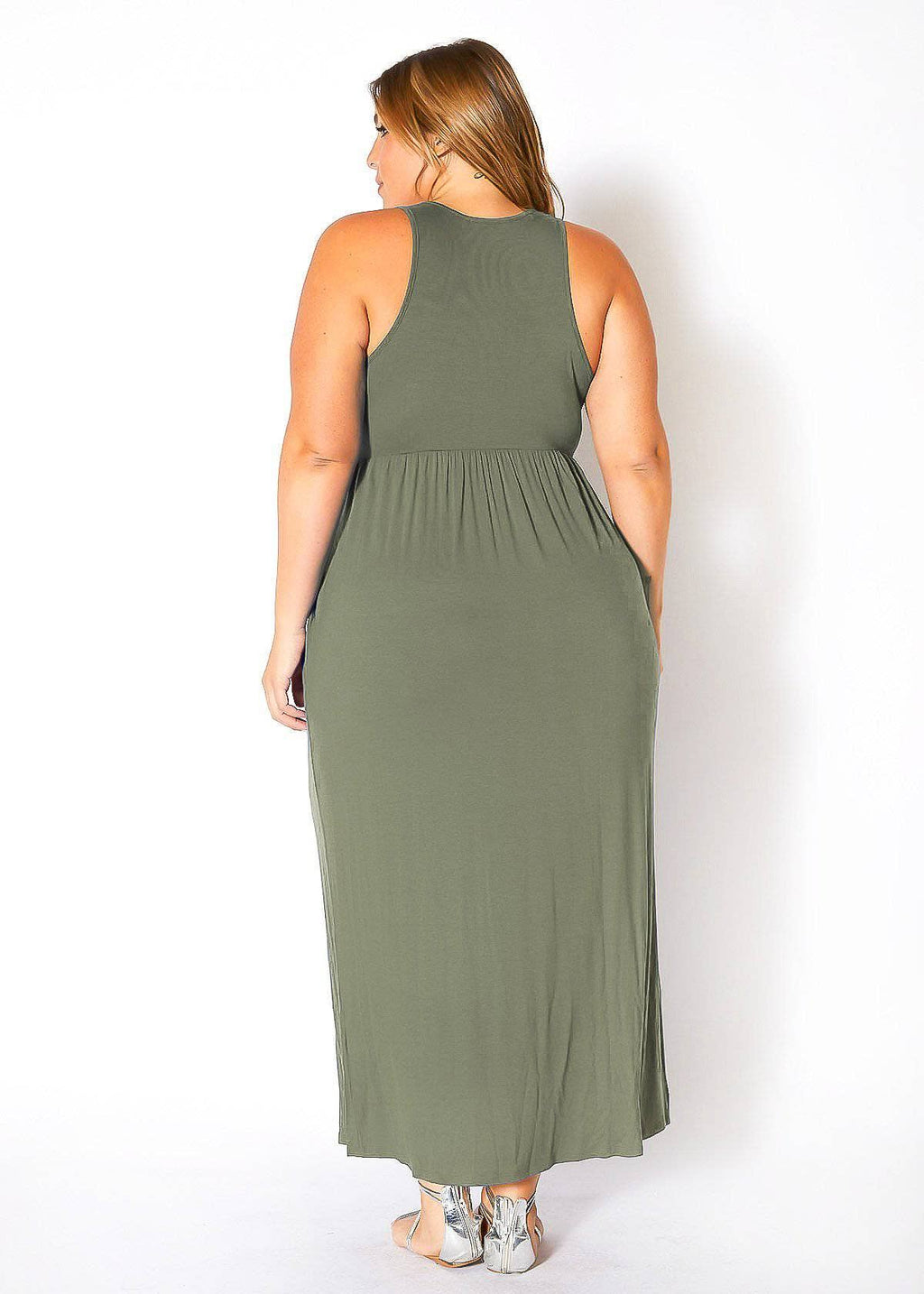 Bellatrix Plus Size Women's Sleeveless Pleated Maxi Dress: Olive