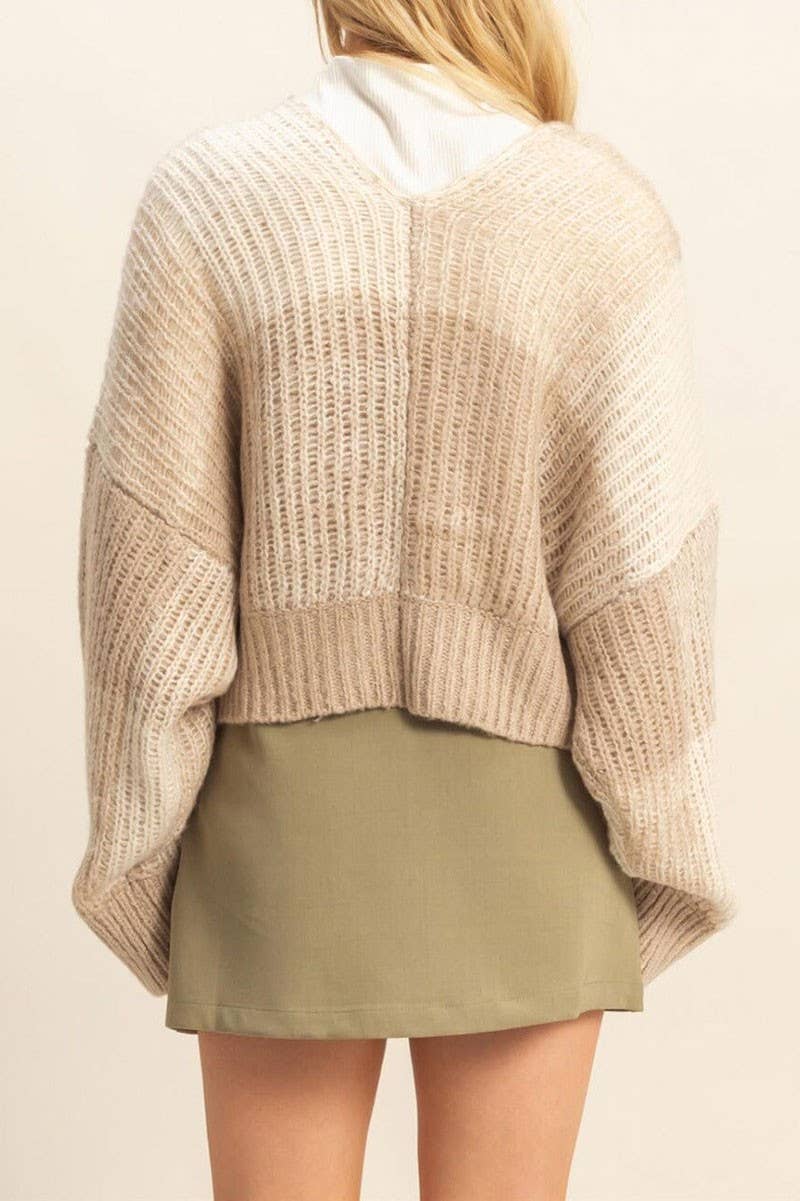 Colorblock  Knit Cardigan: TAUPE CREAM