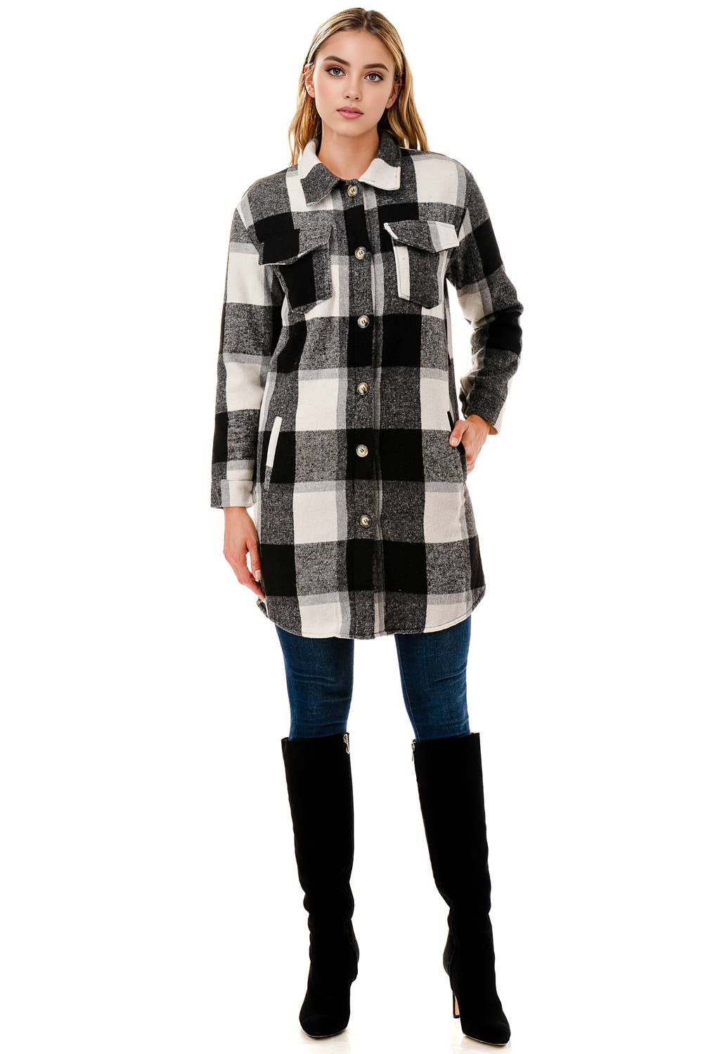 Fur lined long fit flannel jacket