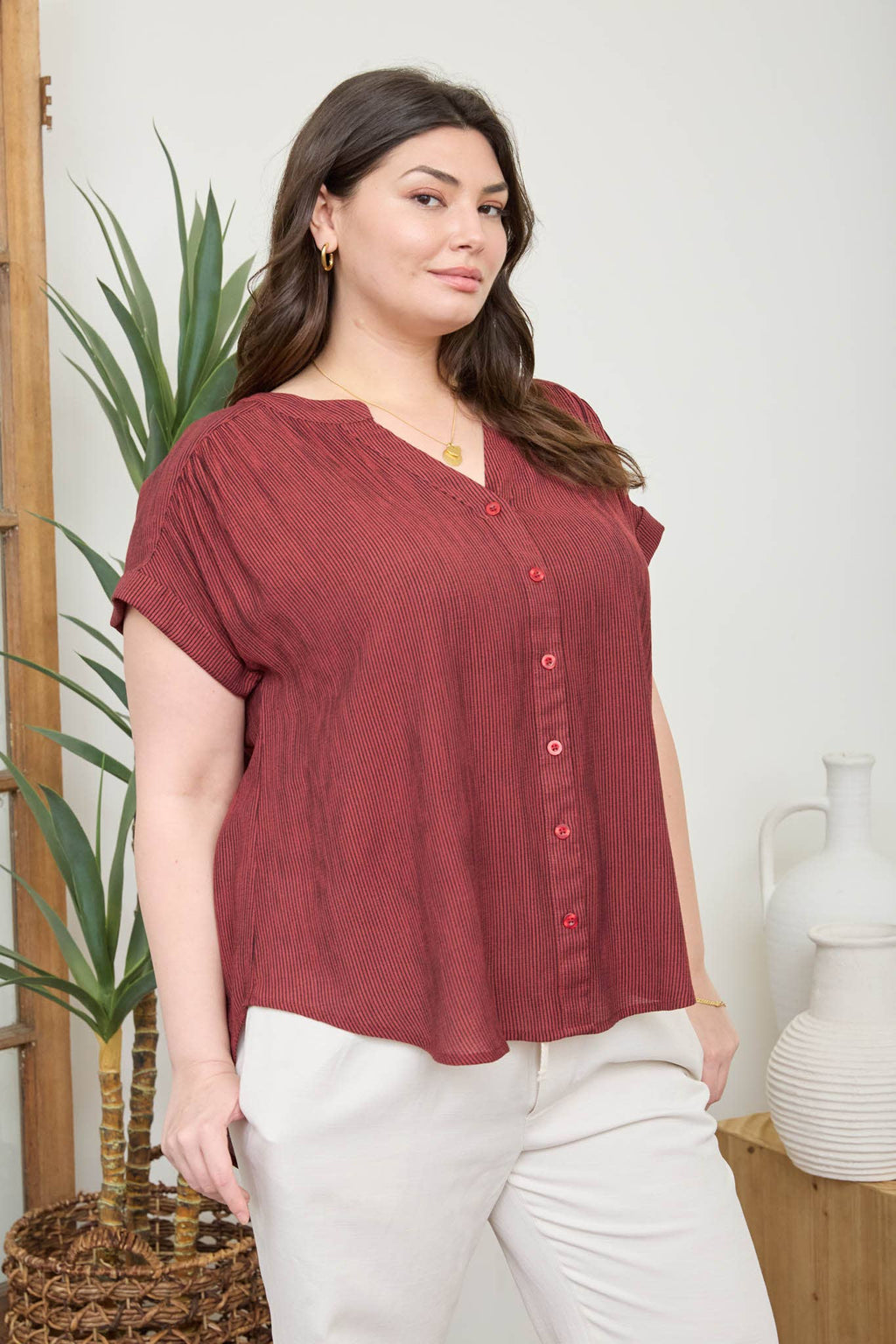 PINSTRIPE SHORT CUFF SLEEVE BUTTON DOWN SHIRT