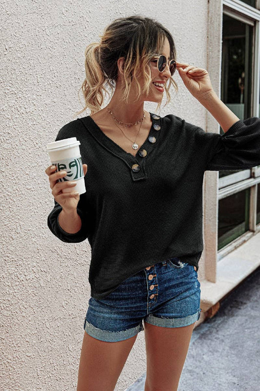 Waffle Knit Button V Neck Lantern Sleeve