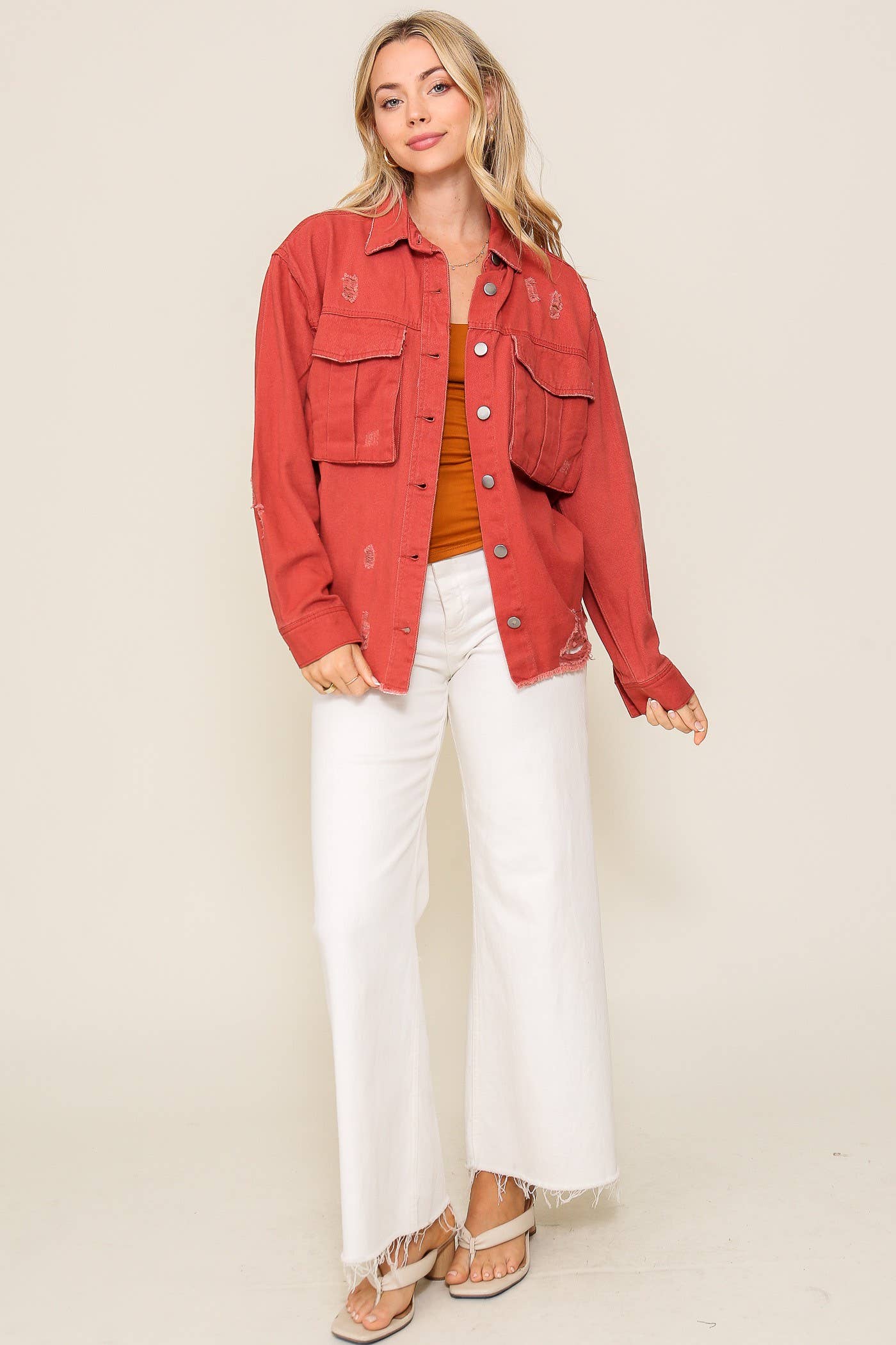 Distressed Oversized Denim Jacket :Mauve