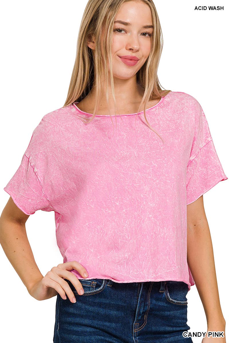 Acid Washed Crew Neck TShirt -Pink