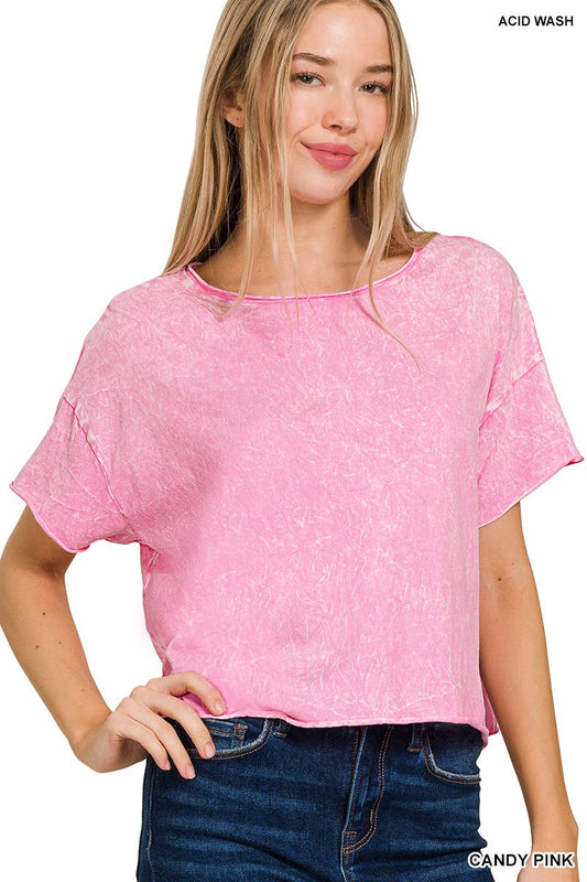 Acid Washed Crew Neck TShirt -Pink
